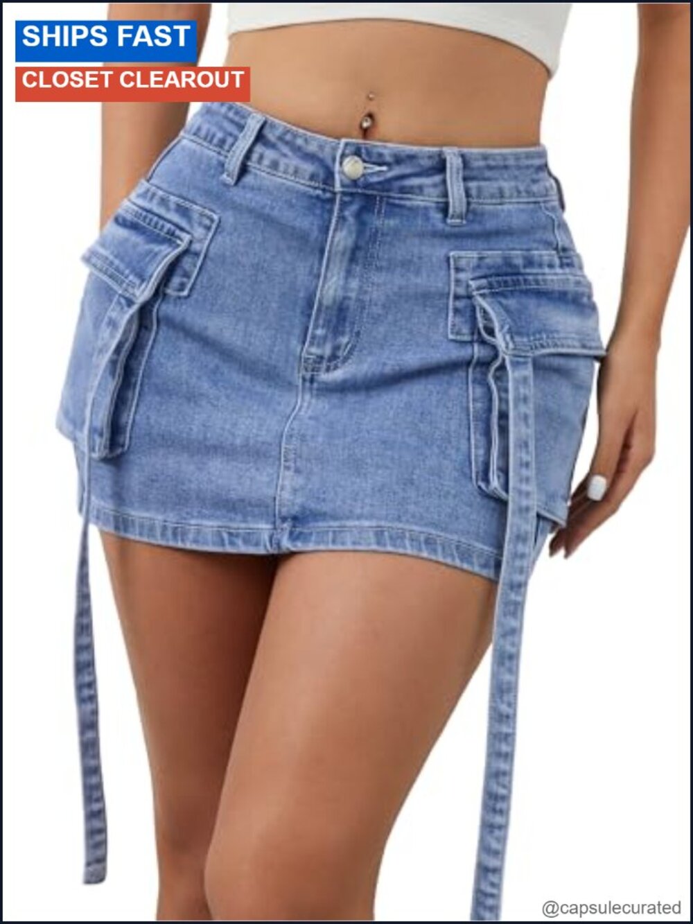 Cargo Jean Mini Skort Stretchy with Pockets Built-in Shorts